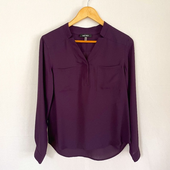 NINE WEST Size Small Pop Over Notched V Neck Long Sleeve Purple Plum Blouse - Picture 1 of 7